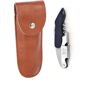 syga 3 in 1 corkscrew beer wine bottle opener with leather cover spring-loaded double lever serrated foil cutter barware gear waiter39s corkscrew of sommeliers waiters bartenders gift- navy blue