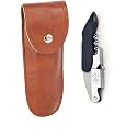 SYGA 3 in 1 Corkscrew Beer Wine Bottle Opener with Leather Cover Spring-Loaded Double Lever, Serrated Foil Cutter Barware Gear Waiter's Corkscrew of Sommeliers, Waiters, Bartenders Gift- Navy Blue