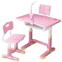SYGA Polypropylene Kids Height Adjustable Desk And Chair Set Study Table Writing Desk With Eye Protection Lamp Bookshelf (70Cm Pink Deskset With Corrector),Matte