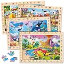 SYNARRY Wooden Dinosaur Farm Ocean Animal Puzzles for Kids Ages 4-6, 4 x 60 Piece Match & Find Puzzles for Kids Ages 3-5 Boys Girls, Preschool Educational Puzzle Children Easter Gifts for 4-8 Year Old