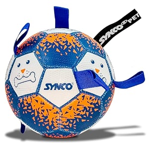 synco dog football graphic blue with blue holding loops durable rubber dog ball toy for tug fetch amp training interactive pet play ball for small amp medium dogs size 3