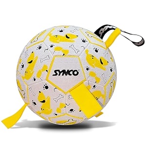 synco dog football graphic yellow with yellow holding loops durable rubber dog ball toy for tug fetch amp training interactive pet play ball for small amp medium dogs size 3