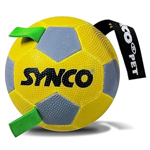 synco dog football yellow with green holding loops durable rubber dog ball toy for tug fetch amp training interactive pet play ball for small amp medium dogs size 3