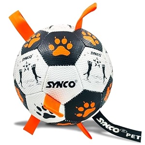 synco dog football graphic orange with orange holding loops durable rubber dog ball toy for tug fetch amp training interactive pet play ball for small amp medium dogs size 3