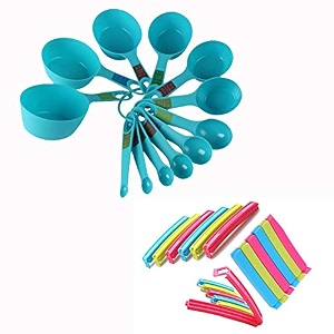 measuring cups and spoon set with ring holder 12 piece set plastic bag sealing clips  food snack pouch clip sealer  3 different size