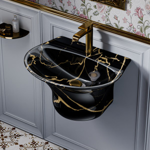 syon premium ceramic wash basin  elegant marble finish  durable  luxurious modern wall hung basin black  gold
