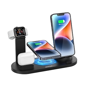wireless charger with stand 4 in 1 qi-compatible charging pad compatible for iphone 1615141312iwatch and air-pods dual coils for fast charging hands-free design 1-year warranty