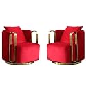T&amp;T Co. Swivel Luxury Revolving Swivel Chair with Pure SS Armrest with Pillow Single Seater Sofa Chair Accent Chair Premium Fabric Living Room Lounge Bedroom. (2) Red, Set of 2 Chairs
