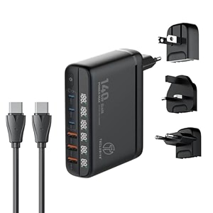 t teclusive 140w gan super fast charging 6 ports usb type c charger with display compatible for iphone 16 15 14 13 pro maxmacbook  s24  world international sockets multi port usb c travel adapter