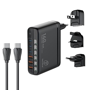 t teclusive 140w gan super fast charging 6 ports usb type c charger with display individual compatible for iphone 15 14 13  macbook  s24  world international sockets multi port usb c travel adapter