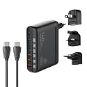 T Teclusive 140W Gan Super Fast Charging 6 Ports USB Type C Charger with Display Individual Compatible for iPhone 15 14 13 / Macbook / S24 | World International Sockets Multi Port USB C Travel Adapter