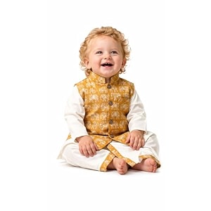 atun all things uber nice baby boys pure cotton ethnic kurta pyjama set with printed nehru jacket  traditional indian festive clothing set for infants  elegant wedding celebration outfit