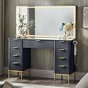 T4TREAM 48" Fluted Makeup Vanity Desk with 48" Large Mirror and HD LED Lights, Modern Vanity Table with 9 Drawers &amp; Charging Station, Glass Top and Golden Handles Dressing Table for Bedroom,Dark Grey