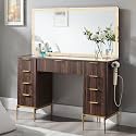 T4TREAM 48" Fluted Makeup Vanity Desk with 48" Large Mirror and HD Lights, Modern Vanity Table with 9 Drawers &amp; Charging Station, Glass Top and Golden Handles Dressing Table for Bedroom,Dark Walnut