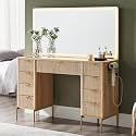 T4TREAM 48" Fluted Makeup Vanity Desk with 48" Large Mirror and HD Lights, Modern Vanity Table with 9 Drawers &amp; Charging Station, Glass Top and Golden Handles Dressing Table for Bedroom,Natural Oak