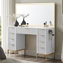T4TREAM 48" Fluted Makeup Vanity Desk with 48" Large Mirror and HD LED Lights, Modern Vanity Table with 9 Drawers & Charging Station, Glass Top and Golden Handles Dressing Table for Bedroom, White