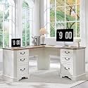 T4TREAM 59" Executive L Shaped Desk with Drawers,Farmhouse Wood Computer Corner Desk, Featuring Charging Station,File Drawer, Storage Cabinet,for Home Office Work and Study (Antique White)