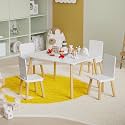 Table &amp; 4 Chairs Set is for Boys Girls, 5-Piece Wooden Activity Table Set with Solid Wood Legs, Boys Girls Play Table &amp; Chair Set for Drawing, Reading, Learning &amp; Dining, White+Natural