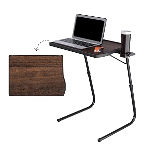 table magic adjustable height laptop table  laptop table for home office wood textured top  foldable design  footrest  lightweight build  adjustable angles  portable use classic walnut