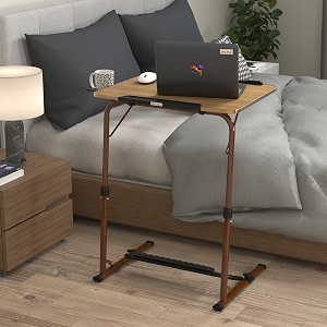 table magic adjustable height laptop table  laptop table foldable for home  engineered wood 60x45 cm  foldable portable desk with ipad holder  cup holder amp footrest  golden teak