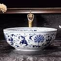 B BACKLINE Table Top Ceramic Designer Wash Basin Premium Counter Top/Over Counter Wash Basin Table Top/Vessel Sink For Bathroom &amp; Living Room 16 X 16 X 6 Inches (Blue White)
