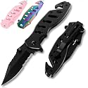 Tactical Legal Knife for Men Women - 2.68 inch Serrated Blade - Small Black Pocket Knives with Glass Breaker Seatbelt Cutter - Cool Folding Mincing Knifes for Camping - Mens Birthday Gift Ideas 6655 B