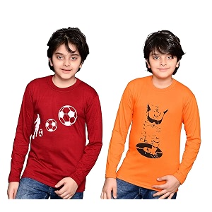 tadeo full sleeves boys tshirt combo set  cotton blend  pack of 2 pcs  round neck  maroon amp orange  10-11 years