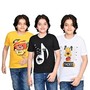 tadeo half sleeves boys tshirt combo set  cotton blend  pack of 3 pcs  round neck  yellow black amp white  9-10 years