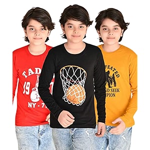 tadeo full sleeves boys tshirt combo set  cotton blend  pack of 3 pcs  round neck  red black amp yellow  6-7 years