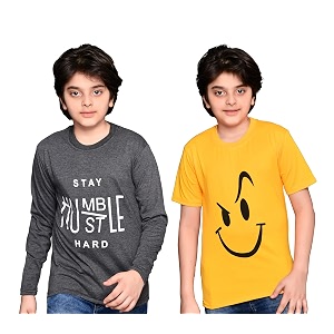 tadeo half and full sleeves boys tshirt combo set  cotton blend  pack of 2 pcs  round neck  dark grey amp yellow  13-14 years