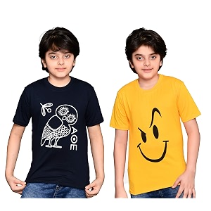 tadeo half sleeves boys tshirt combo set  cotton blend  pack of 2 pcs  round neck  navy blue amp yellow  10-11 years