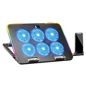 tag gamerz twister 6 fans rgb gaming laptop cooling pad with phone stand  2 x usb ports  10 rgb modes and fan speeds  up to 17 inch laptop support  5 height adjustments  anti-skid baffle