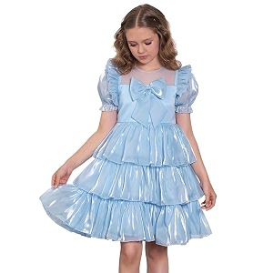 tagas girls dress  premium jimmy choo fabric look  light sky blue layered frock with bow  birthday wedding amp festive dress for kids ages 1 9 years knee length