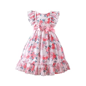 TAGAS Girls Swiss Dot Floral Print Dress