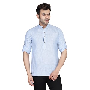 TAHVO Mens Casual Cotton Kurta Shirt Short