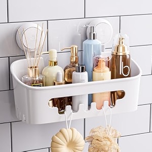 taili plastic diy drill-free removable vacuum suction cup shower caddy wall shelf storage basket for shampoo amp toiletries kitchen bathroom bedroom organizer light grey