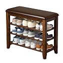 Taitiy Shoe Bench with 3 Tier Adjustable Shelves Rubberwood Entryway 23.6''