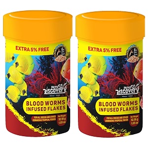 taiyo pluss discovery blood worms infused flakes fish food - 525 g 50 g  extra 5 free pack of 2  premium slow sinking diet for fishes with krill amp squid for active growth amp coloration