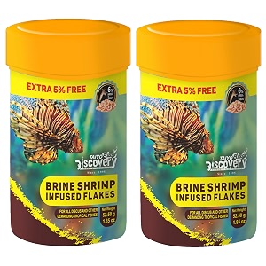taiyo pluss discovery brine shrimp infused flakes fish food - 525 g 50 g  extra 5 free pack of 2  premium slow sinking diet for fishes with krill amp squid for active growth amp coloration