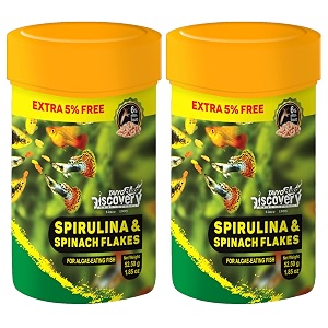 taiyo pluss discovery spirulina amp spinach flakes fish food - 525 g 50 g  extra 5 free pack of 2  premium slow sinking diet for fishes with krill amp squid for active growth amp coloration