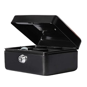 metal large cash box with lock  tiered money coin tray and bill slots  portable and compact  keys  cash box with money tray and combination loc medium money box