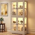 Tall Glass Display Cabinet with RGB Lighting, Farmhouse Bookcase with Tempered Glass Doors, 360° Display Cabinet Curio Cabinet for Living Room, Books, Décor and Collectibles