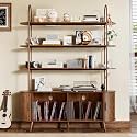 Tall Large Vinyl Record Player Stand, Fluted Long Record Storage Cabinet with Sliding Doors, Mid Century Modern Bookshelf, 4 Tier Media Display Shelf, Arched Turntable Stand for Living Room, Walnut