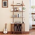 Tall Vinyl Record Player Stand, 4 Tier Arched Bookshelf with Sliding Doors, Retro Small Record Storage Cabinet, Fluted Media Display Shelf, Mid Century Modern Turntable Stand for Living Room, Walnut