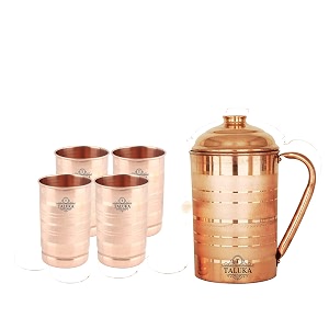 taluka 17 l copper pitcher with lid with 4 copper round bottom hammer glass 300 ml storage water amp serving ware