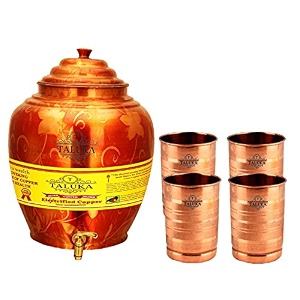 taluka apple design pure copper water pot dispenser matka capacity 16 liter set with 4 copper glass 300 ml each for restaurant hotel home pack of 5