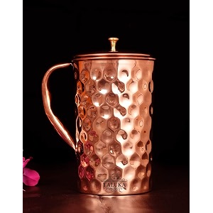 taluka copper hammered diamond design jug pitcher 1500 ml brass knob lid for storage drinking purpose 1500 ml