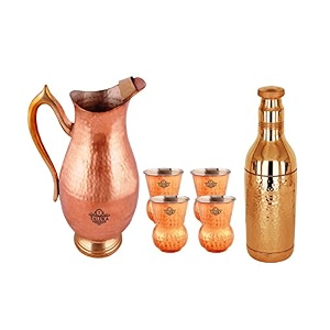 taluka copper handmade pitcher jug 2000 ml drinking water storage jug with 4 copper steel ropund bottom glass 1 bottle 1700 ml for health benefits
