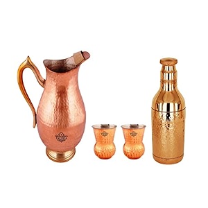taluka copper handmade pitcher jug 2000 ml drinking water storage jug with 2 copper steel ropund bottom glass 1 bottle 1700 ml for health benefits
