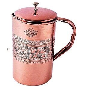 taluka embossed etching copper jug pitcher 1500 ml with water storage serving drinking water home hotel restaurant tableware
